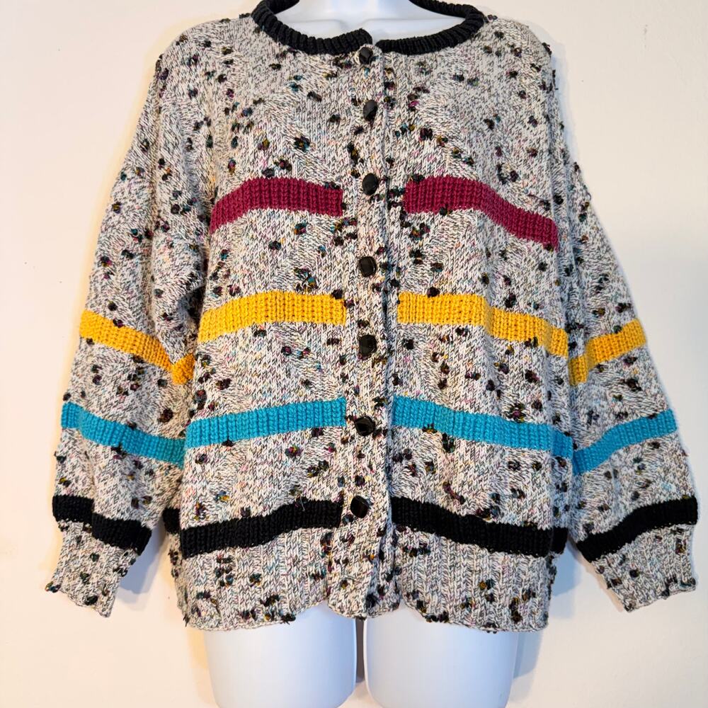 Vintage Handmade Hand Knit Confetti Cardigan Oversized Colorful Striped Sweater